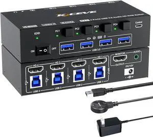 KVM Switch 4 Computers 8K@60Hz 4K@144Hz, Simulation EDID, USB 3.0 HDMI KVM Switch for 4 Computers Share 1 Monitor and Keyboard Mouse and Headset,with Wired Remote,Power Adapter and USB3.0 Cable