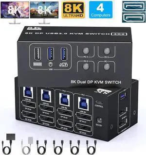 8K@60Hz Displayport USB 3.0 KVM Switch 2 Monitors for 4 Computers 8K@60Hz 4K@144Hz, DP1.4 Dual Monitor Displayport KVM Switches 4 Port with 4 USB 3.0 Ports, 8K DP Monitor Switch for 4 PCs