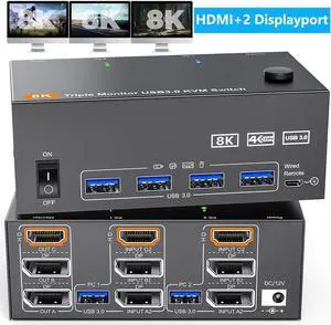 KVM Switch 3 Monitors 2 Computers 4K@144Hz 8K@60Hz, 2 Displayport + HDMI Triple Monitor USB 3.0 KVM Switches with 4 USB 3.0 Port, Wired Remote, Power Adapter and USB 3.0 Cables Included