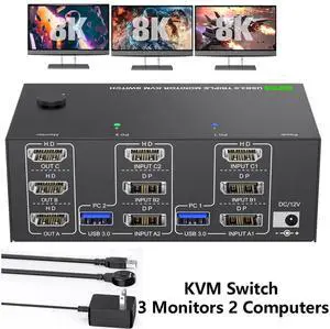 KVM Switch 3 Monitors 2 Computers 8K@60Hz 4K@144Hz, USB 3.0 Triple Monitor KVM Switch with 4 USB 3.0 Ports, 2*Displayport+1*HDMI in, 3*HDMI Out, with Wired Remote,Power Adapter & USB3.0 Cables