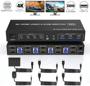 USB 3.0 KVM Switch HDMI Dual Monitors 4 Computers, 4K@60Hz HDMI Dual Monitor Switch for 4 PCs with Audio Output and 3 USB 3.0 Ports, 4 Port HDMI KVM Switch 4 PC 2 Monitors, with EDID Emulators