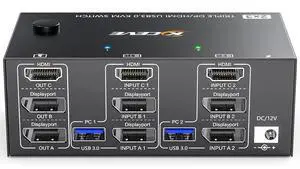 Triple Monitor KVM Switch 3 Monitors 2 Computers 8K@60Hz 4K@144Hz, HDMI + 2 Displayport KVM Switch Triple Monitor for 2 Computer Share 3 Monitors and 4 USB3.0 Device,with Wired Remote,USB Cable