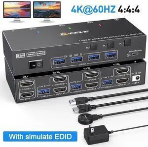 Dual Monitor HDMI KVM Switch 2 Monitors 3 Computers, 4K@60Hz USB 3.0 KVM Switches Share 2 Monitors and 4 USB 3.0 Ports, Support Extended/Copy Mode, with DC 12V Adapter & Wired Controller