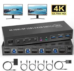 4K KVM Switch 2 Monitors 4 Computers, Dual Monitor HDMI + Displayport USB 3.0 KVM Switches 4K@60Hz, Support Extended/Mirror Mode Share 3 USB 3.0 Ports with Desktop Controller, Adapter Included