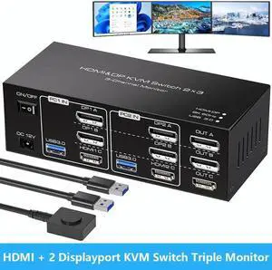 [Triple Monitor] HDMI+2 Displayport KVM Switch for 2 Computers 3 Monitors 8K 60Hz 4K 120Hz, USB 3.0 HDMI + 2 DP KVM Swticher 2 PCs Share 3 Monitors for PS4 USB Output for Keyboard Mouse Printer