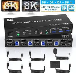 8K@60Hz Displayport USB 3.0 KVM Switchfor 4 Computers 2 Monitors 4K@144Hz, DP1.4 Dual Monitor Displayport KVM Switch 4 Port with Audio Output and 3 USB 3.0, 8K DP Monitor Switch for 4 PCs