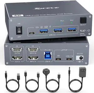 USB C HDMI Dual Monitor KVM Switch 2 Monitors 2 Computers, Dual Monitor USB 3.0 Type C KVM Switcher Supports 4K@60Hz for 2 Computers Share Keyboard, Mouse and 2 Monitors, Wired Remote included