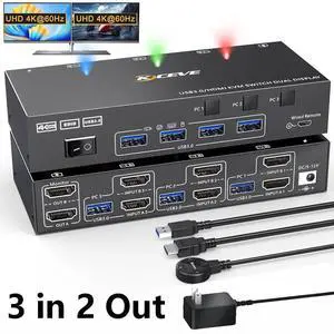 HDMI KVM Switch 2 Monitors 3 Computers 4K@60Hz, EDID Emulator, Dual Monitor HDMI USB 3.0 KVM Switcher 3 in 2 Out for 3 Computers Share 2 Displays and 4 USB3.0 Devices, Included Wired Remote
