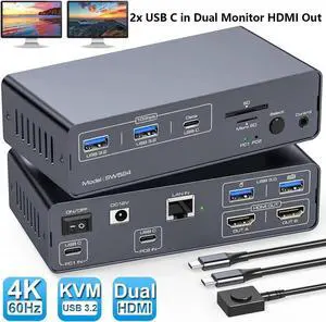 USB C Docking Station with KVM Switch 2 Monitors 2 Computers 4K@60Hz HDMI EDID KVM Switches Dual Monitor for 2 Mac or Laptops Share a 1G Ethernet 5 USB A/C Devices and SD/micro SD Card Slots