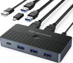 USB 3.0 Switch 2 in 4 Out for 2 Computers Sharing USB C & A Devices, USB Switcher for PC Mouse Keyboard Printer Scanner, USB 3.0 KVM Switch Selector Compatible with Windows, Mac, Linux