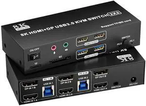 HDMI Displayport KVM Switch 2 Monitors 2 Computers 8K@60Hz,Dual Monitor Switch for 2 Computers, Support Extended/Mirror Mode SD/TF Card, 4 USB 3.0 Port for Keyboard Mouse,Desktop Controller