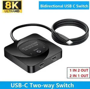 USB C Switch, 8K@60Hz USB C Switch Bi-Directional 2 in 1 Out or 1 in 2 Out,Type C Switch Selector with Power Indicator for PCs, Support USB 3.1 Gen 2 10Gbps Data Transmission, 100W Charging