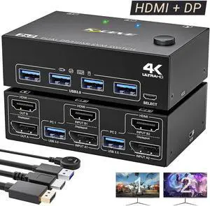 USB 3.0 KVM Switch 2 Monitors 2 Computers, Dual Monitor HDMI + Displayport KVM Switch, Dual Monitor KVM Switch with 4 USB 3.0 ports for 2 PCs Share Mouse and Keyboard, with HDMI+DP+USB Cable