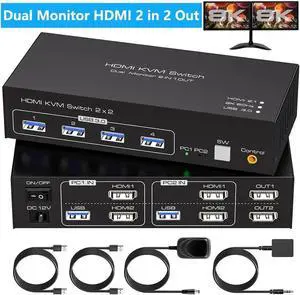 8K@60Hz 4K@120Hz HDMI KVM Switch 2 Monitors 2 Computers, HDMI 2.1 Dual Monitor USB 3.0 KVM Switch allows 2 Computers Share 2 Monitors and 4 USB 3.0 Devices Support Extended & Copy Mode