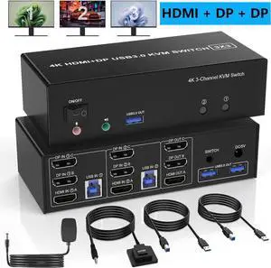 USB 3.0 HDMI + 2 DisplayPort KVM Switch 3 Monitors 2 Computers, 4K@60Hz Triple Monitor KVM Switch for 2 Computers 3 Monitors with 3 USB 3.0 Ports and Audio Microphone, Keyboard Mouse Switcher