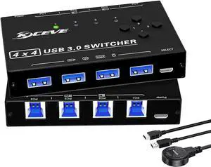 USB 3.0 Switch, 4 Port USB Switcher 4 Computers Share 4 USB Devices, for Printer Scanner Keyboard Mouse Switch, USB-B USB 3.0 Switch with Wired Control and Standard USB-B Cables