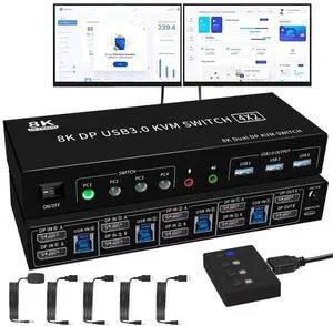 8K@60Hz Ddisplayport USB 3.0 KVM Switch with Audio Output and 3 USB 3.0 Ports, 4x2 Dual Monitor 4K@144Hz Extended Display Displayport KVM Switches 4 In 2 Out for 4 PC Share Keyboard Mouse