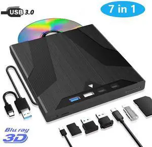 [7 in 1] External Blu Ray Drive, USB 3.0 Blu ray Drive with SD/TF Slot Ports, Blu ray Player for PC Laptop Portable 3D BD Disc Reader CD DVD -/+RW Burner Compatible with Windows Linux Mac OS