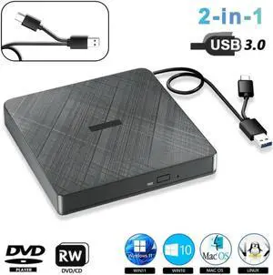 External CD DVD Drive, USB 3.0 & Type-C Portable CD DVD Burner +/-RW DVD Player for Laptop, External CD/DVD Drive, External Optical USB DVD Drive Compatible with Windows 7/8/10/XP Linux MacOS