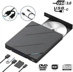 [6 in 1] External CD DVD Drive with 3 USB 3.0 Ports and TF/SD Card Slots, USB 3.0 Type C Portable CD/DVD Disk Drive Player Burner Reader Writer for Laptop Desktop Windows 11/10/8/7 Linux Mac OS
