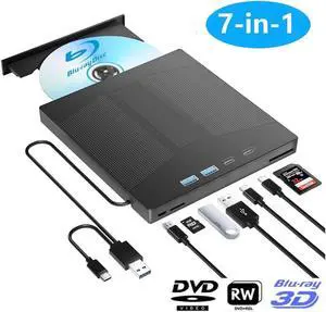 7 in 1 External Blu ray DVD Drive, Support 100G Disc R/W,USB 3.0 Type-C BD DVD CD Player Portable CD DVD Burner with SD/TF Card Slot, Compatible with Windows XP/7/8/10/11 Mac Laptop Desktop
