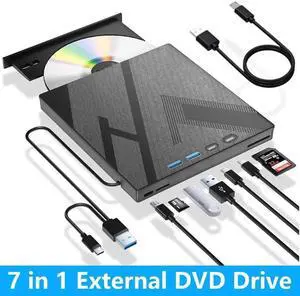 7 in 1 External CD DVD Drive, External CD/DVD Drive for Laptop with SD/TF Port, CD Burner DVD Player DVD Burner USB 3.0/Type C, CD ROM External Drive CD Drive for PC Laptop Windows Linux MacOS