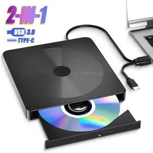 External CD/DVD Drive for Laptop, USB 3.0 & Type-C Portable DVD Burner, CD ROM External DVD Drive for Laptop, Lightweight External CD DVD Optical Drive Compatible with PC, Windows Mac Os Linux