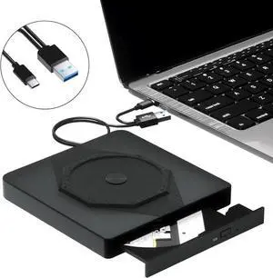 External CD DVD Drive, USB 3.0 & Type-C Portable CD DVD Burner, +/-RW CD ROM External CD/DVD Drive for Laptop, CD Player for Laptop Compatible with Laptops, Desktop PC, Windows, Linux, Mac OS