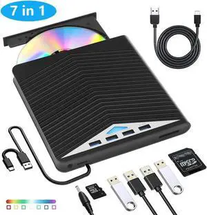 7 in 1 External CD DVD Drive - External CD/DVD Drive for Laptop, USB 3.0 and Type-C Portable CD DVD +/-Rw Drive Reader, DVD/CD ROM Burner Rewriter for Laptop PC Windows 11/10/8.1/7/Linux, MacOS