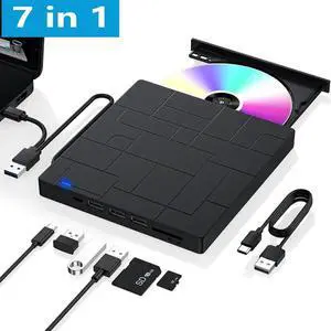 External CD/DVD Drive for Laptop, 7-IN-1 USB 3.0 Slim Portable DVD Player, CD ROM Burner, Writer, External Optical Disk Drive Compatible with Laptop Desktop PC Windows Mac Linux OS