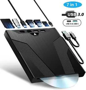 8 in 1 External CD/DVD Drive for Laptops, Slot-Loading Portable CD Reader for Laptop, CDs Drive External USB 3.0 & Type C CD DVD Drive Externals CD Burner Compatible with PC Windows Linux MacOS