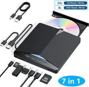 External CD/DVD Drive for Laptop, 7-in-1 Portable DVD Player for Laptop, USB 3.0 Type C External CD DVD Burner with SD/TF Card Reader & 4-Port USB Hub, Compatible with Windows, Mac OS, Linux