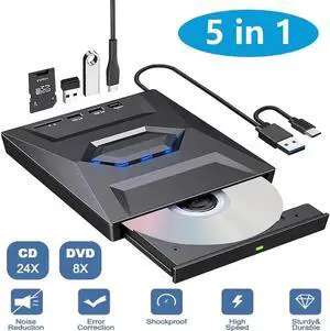 External CD DVD Drive, [5 in 1] USB 3.0 & Type-C Portable CD DVD +/-RW ROM Burner with SD/TF Slot & USB Ports, DVD 8X CD 24X High Speed CD/DVD Reader for Laptop Macbook Desktop PC Windows Linux Mac OS