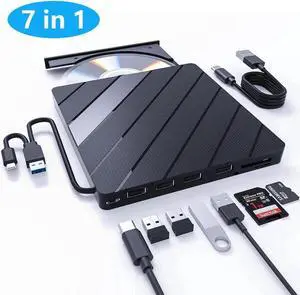 [7 in 1] External DVD Driver, USB 3.0 & USB C Portable CD/DVD +/-RW Drive/DVD Player with SD Card Reader 4 USB A Ports, CD ROM Burner Compatible with Laptop Desktop PC Windows Linux MacOS