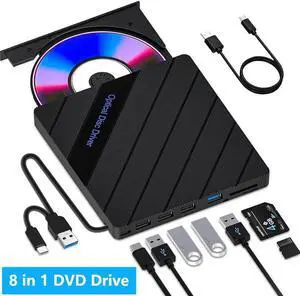 8-in-1 External CD DVD Drive for Laptop, USB 3.0 Type-C Slim Portable Player CD DVD RW Burner Writer Reader with SD/TF Slot & 4 USB Ports, Optical Disk Drive for Windows11/10/Mac OS/Vista/Linux
