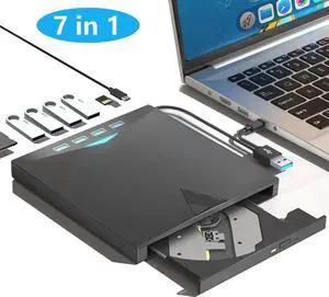 7-in-1 External CD DVD Drive for Laptop, USB 3.0 DVD Player with 4 USB Ports & SD/TF Slot Optical Disk Drive Reader Writer Burner for PC, Laptop Windows 11/10/8/7/ XP/ 2003/Vista/Linux, MacOS
