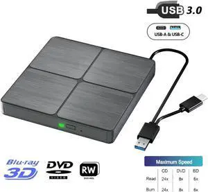 External Blu Ray Drive, USB 3.0 Type-C 3D Bluray CD DVD BD Reader Player Slim Optical Bluray CD/DVD Burner for MacBook Laptop Desktop PC Compatible with Mac OS Windows XP/7/8/10/11
