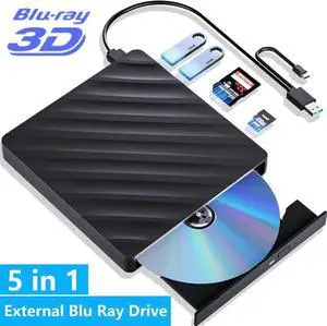 External Blu Ray Drive, 5 in 1 Portable Blu Ray Player with USB 3.0 Type-C, CD DVD Burner 3D Blu Ray with SD/TF Port, External Blu-Ray CD DVD Drive Compatible with Windows Mac Laptop Desktop PC