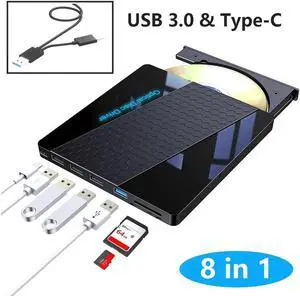 [8-in-1] External DVD Drive, USB 3.0 Type C External CD/Dvd +/-Rw Drive Portable CD/DVD Player Burner Reader Writer Player, Optical CD ROM Disk Drive For Laptop Windows 10/8/7/XP/Linux, MacOS
