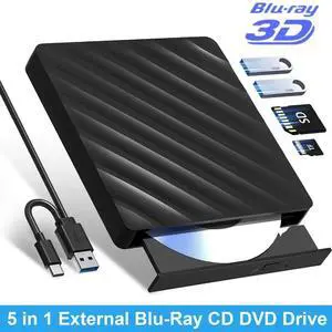 5 in 1 External Bluray Drive, USB 3.0 Type-C Slim Optical External Blu-ray DVD Burner with SD/TF Card Reader 2 USB 3.0 Hubs Compatible with Windows XP/7/8/10 MacOS MacBook Laptop and Desktop PC