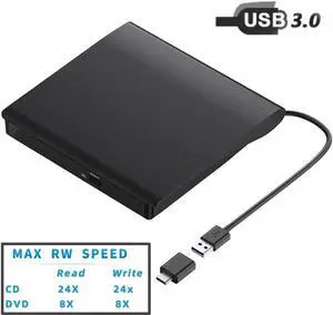 External CD DVD Drive, Portable USB 3.0 and Type-C CD/DVD RW Drive Player Rewriter CD/DVD Burner Optical Drive Compatible with Laptop Desktop PC Computer for Windows 7/8/10/11, Linux, MacOS