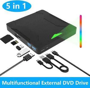 5 in 1 External CD DVD Drive with 2 USB Ports and SD/TF Card Slots, Type-C USB 3.0 Portable CD/DVD Disk Drive Player Burner Reader Writer for Laptop Desktop PC Windows 11/10/8/7/XP Linux, MacOS