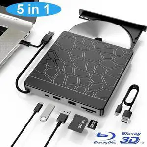 5-in-1 External Blu-ray Drive for Laptops, USB 3.0 & Type-C BD Reader, DVD/CD Burner with Dual USB-A Ports, SD/TF Slots Portable Blu-ray Player for Laptop PC, Windows/Linux/Mac OS Compatible