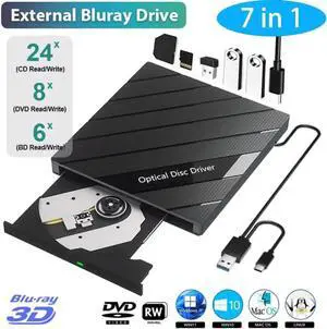 [7 in 1] External Bluray Drive, USB 3.0 Type-C 3D Blu-ray BD ray Drive, Portable DVD/BD Player Read/Write Portable Blu BD ray Optical Drive for Laptop Windows, Linux PC Mac MacBook Desktop