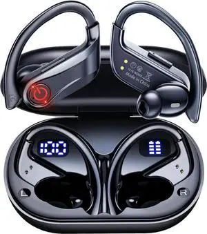 Wireless Earbuds Bluetooth Headphones Sports Over-Ear Bluetooth 5.3 Ear Buds with Earhooks 120H Playtime Wireless Headphones for Workout Waterproof Bluetooth LED Power Display, Black