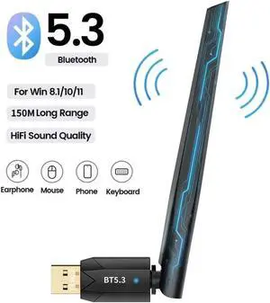 Long Range USB Bluetooth 5.3 Adapter for PC Desktop, 150M Wireless Transmitter Dongle for Windows 11/10/8.1 Laptop Computer Pair Bluetooth Headset Headphones Speaker Mouse Keyboard Printer