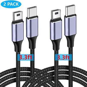 [2 PACK] USB C to Mini USB Cable 3FT/1M, [Aluminum Shell, Braided] Durable Mini-B 5-Pin to Type-C Data Charging Charger OTG Cord for Hero 3+, PS3 Controller, Ca-non Ni-kon Camera, GPS etc.