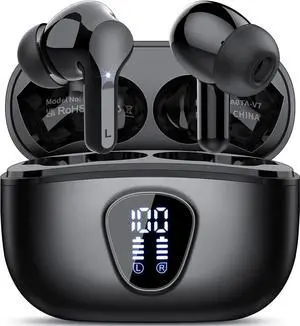 Wireless Earbuds, Bluetooth 5.3 Headphones HiFi Stereo, Bluetooth Earbuds with ENC Noise Cancelling Mic, IP7 Waterproof in Ear Earphones, 48H, LED Display Ear buds for Pad Workout Sports, Black