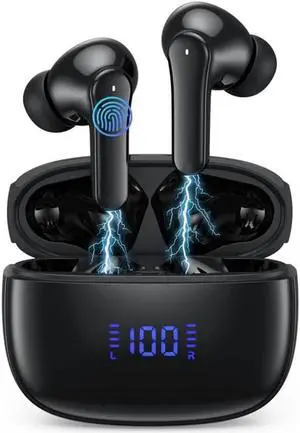 True Wireless Earbuds, Bluetooth 5.3 Headphones 64Hrs Playback LED Power Display with Wireless Charging Case IPX5 Waterproof Hi-Fi Stereo in-Ear Headphones Build-in Dual Mic for Laptop Phones