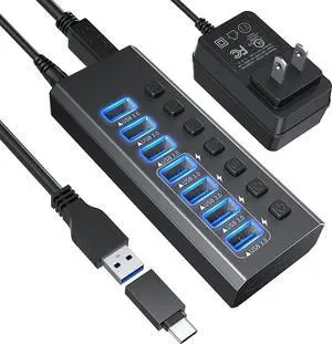 USB Hub 3.0 Powered, 7-Port Powered USB 3.0 Hub with Individual Switches & 12V Power Adapter & 39'' Long Cable USB Expander Hub Splitter for Mac-Book Air Pro,Mac Mini,i-Mac All Laptops Desktops